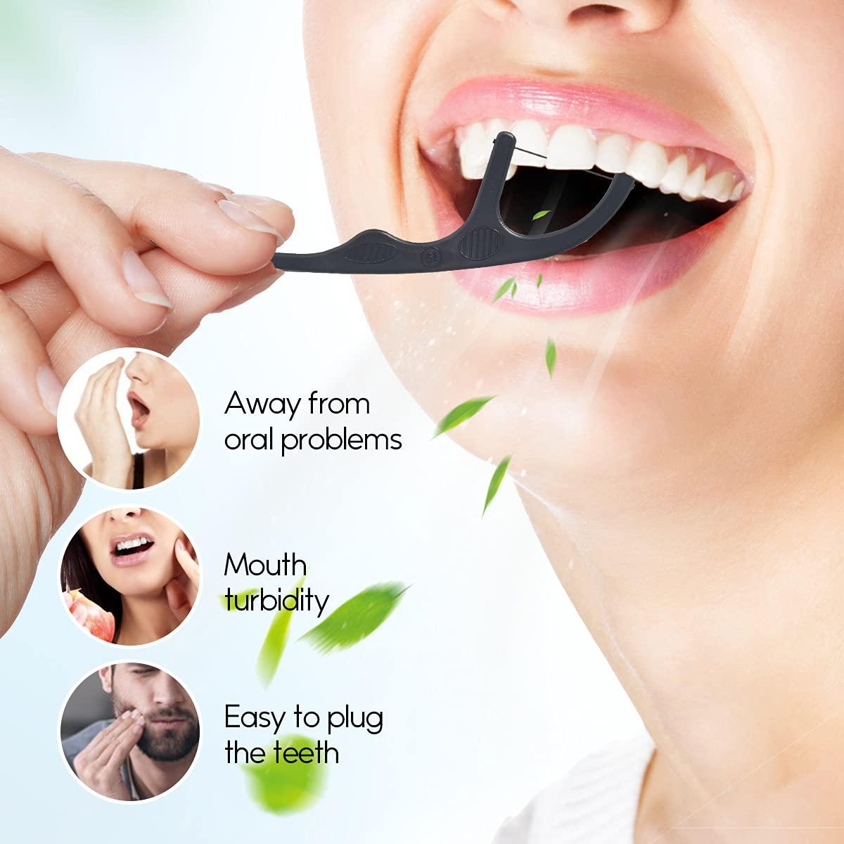 Y-Kelin Y-Kelin Natural Dental Floss Picks - Vegan, Eco Friendly Black Bamboo Charcoal Dental Teeth Stick Tooth Pick Toothpick Flosser for Oral Care with a Fresh Feel Minty Flavor (100 Pcs)