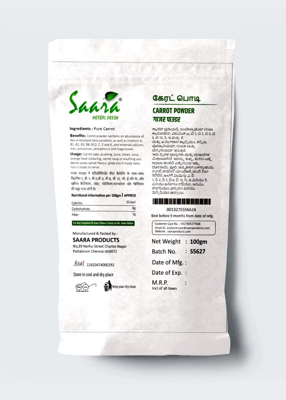 SAARA Saara HERBAL FRESH Carrot Powder, Lal Gajar, Gajar Powder, helps Protect Cells, Proteins & Enzymes from Environmental Stress, 100g