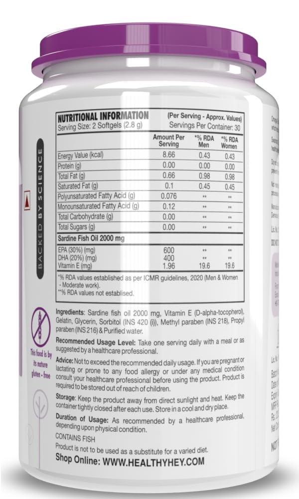 HealthyHey Nutrition HealthyHey Nutrition Fish Oil - Omega 3 Mercury Free (2000 Mg) Burpless - 60 Softgel (600 EPA & 400 DHA) - Pack of 4
