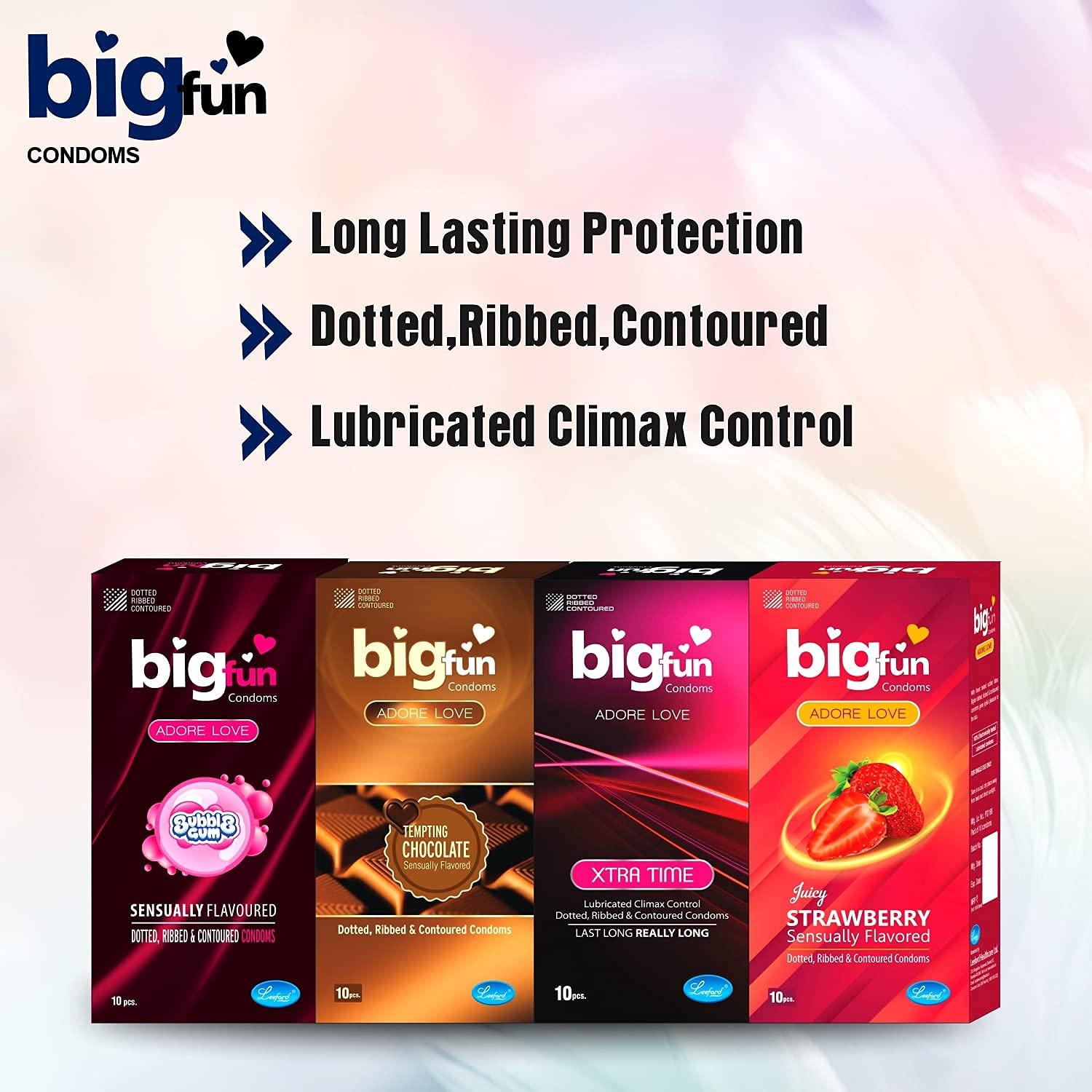 BIGFUN Bigfun Flavoured Condoms Combo Pack of 4(10Pcs EachPack) | Lubricated, Dotted, Ribbed Long-Lasting Condom For Men | Multi Flavoured Combo Pack | Flavour Bubblegum, Strawberry, Chocolate, Xtra time (Total 40 Pcs)