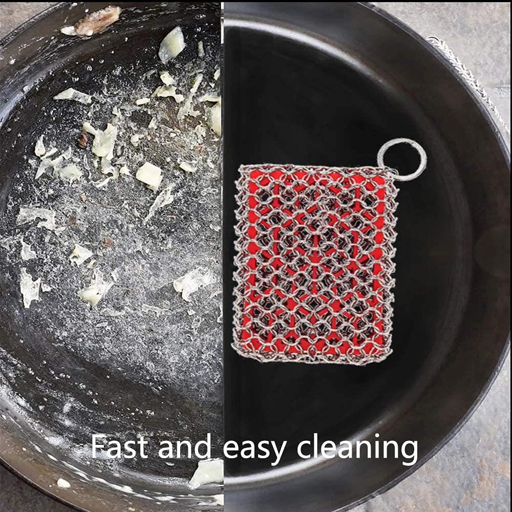 mochiatolovingtale Cast Iron Cleaner,Stainless Steel Cleaner Chain Iron Scrubber with Silicone Insert,Chainmail Scrubber for Cast Iron Pans Cookware Skillet Dishwasher,Kitchen Tools Gadught (Cleaner Red)