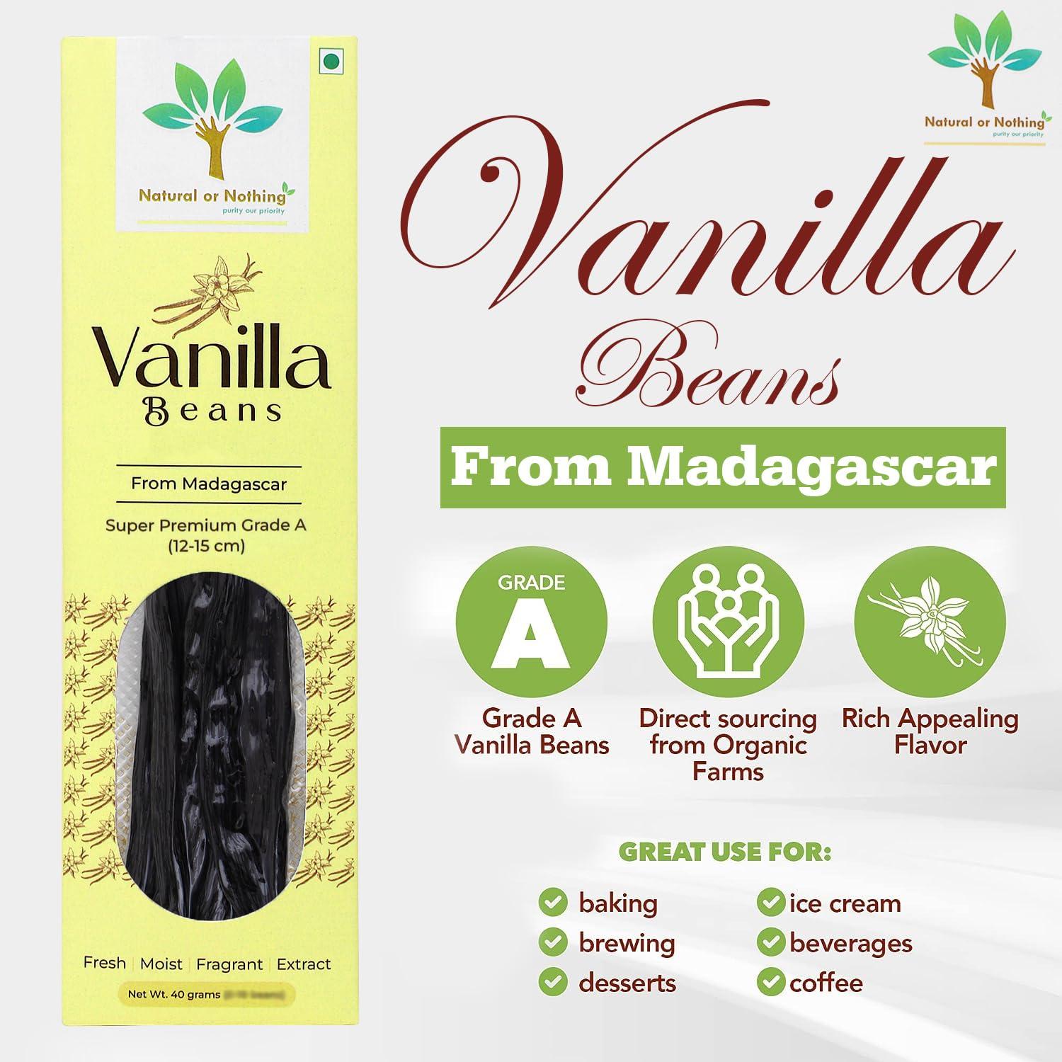 Natural or Nothing Gourmet Vanilla Beans from Madagascar | 40 Grams (16-18 Beans) | Super Premium Grade A (12-15 cm) Pods | Sticks | For Baking, Extract, Cooking, Ice Cream, Coffee Brew