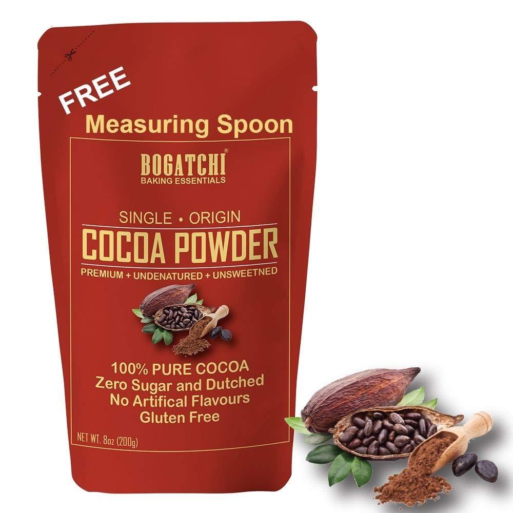 BOGATCHI BOGATCHI Single Origin and Natural , Cocoa Powder for Cake Making, Vegan |Raw | No Sugar| Gluten Free| Keto Chocolate, Dark Unsweetened Cocoa Powder, 200g , Free Measuring Spoon