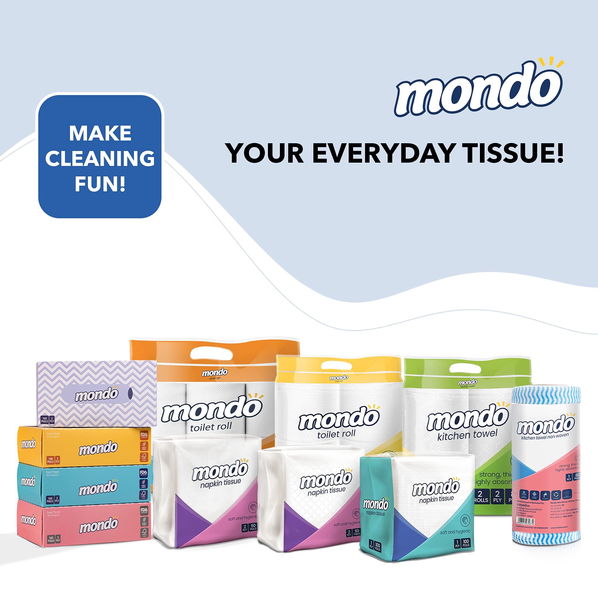 MONDO Mondo Kitchen Wipes for Cleaning (1 Ply, 80 Pulls) | Pack of 2 Kitchen Rolls | Washable & Reusable Tissue Roll for Kitchen | Soaks Oil Spills Quickly | Kitchen Cleaning Wipes | Kitchen Roll Reusable