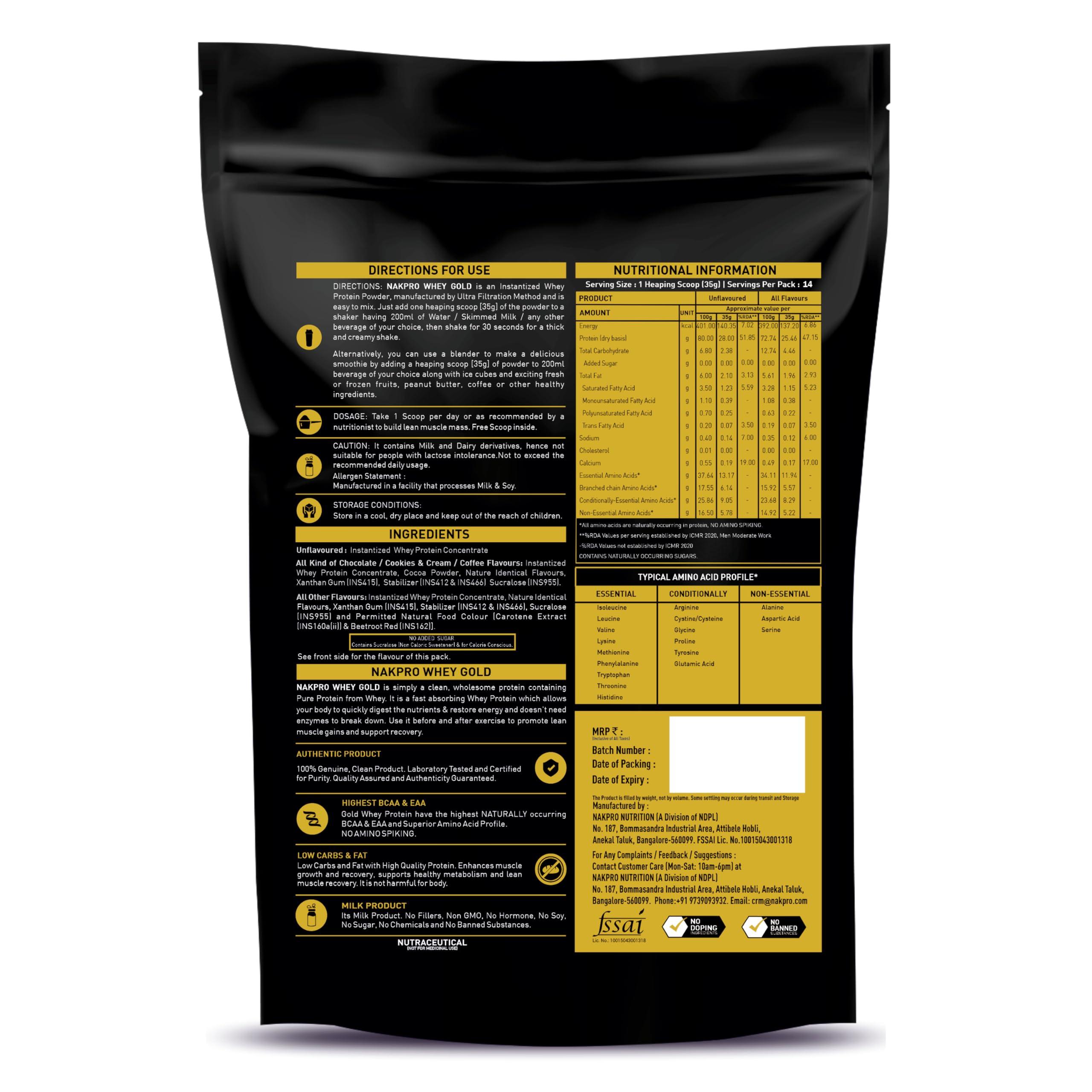 NAKPRO NAKPRO Gold Whey Protein Concentrate 500g Coffee | 25.5g Protein, Trustified Certified Supplement Powder | Fast Absorbing Whey Protein Powder