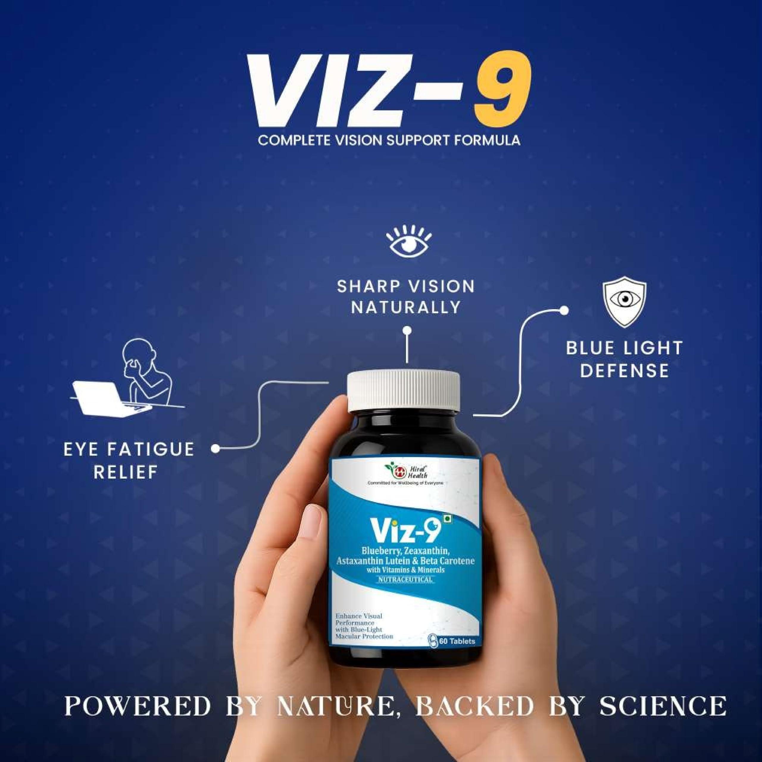 Hiral Health Hiral Health\'s Viz-9 Tablets: Advanced Eye Vitamin with Lutein, Zeaxanthin, Astaxanthin, and Vitamin A eye supplements to improve vision, Protect from Blue Light and UV Rays (60 Tabs)
