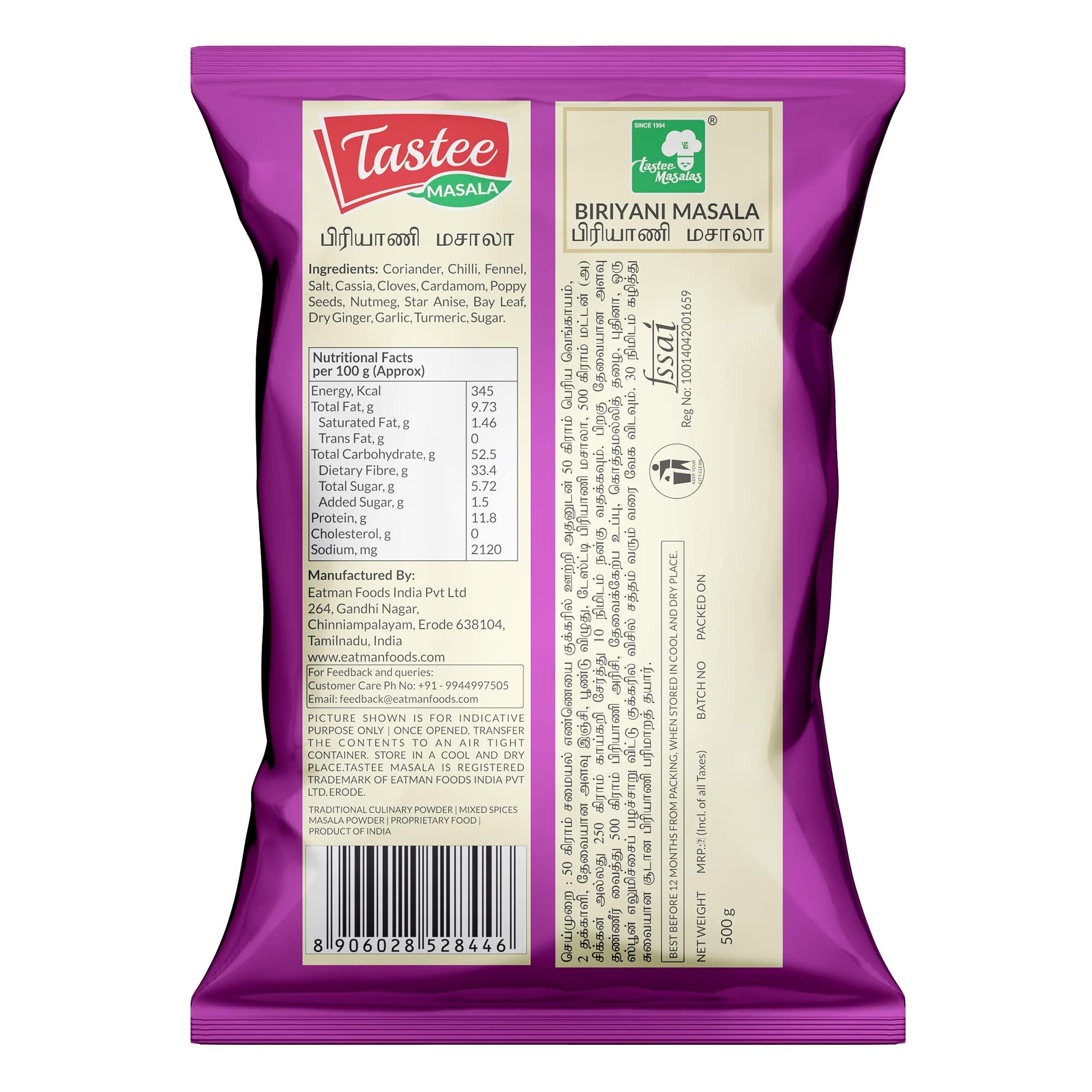 Tastee Masala Tastee Masala Dindigul Biryani Masala Powder 500 grams, Delicious South Indian Style Biryani Masala Powder, No Preservatives, No Added Colors, No Added MSG