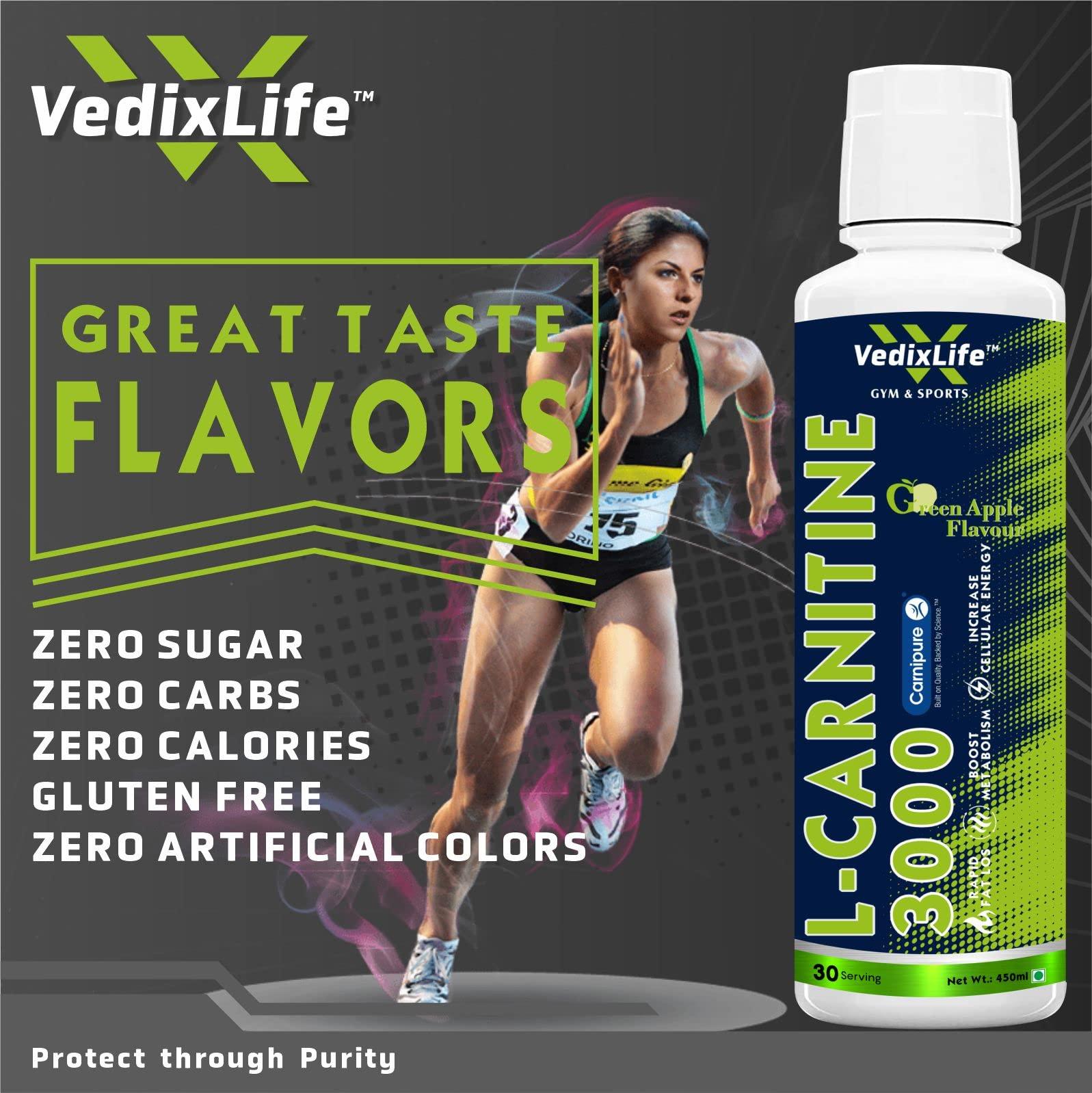 Generic L-Carnitine Liquid with Branded Carnipure, 3000 mg | Converts Fat into Energy | Pre & Post Workout | (Natural Green Apple Flavour, 450ml, 30 Servings)