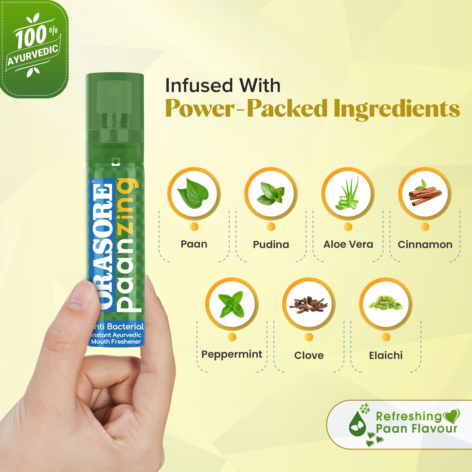 ORASORE PaanZing Instant Mouth Freshener Spray by Orasore | Paan, Aloe Vera, Pudina, Peppermint, Cinnamon, Clove & Elaichi | Anti Bacterial & Long Lasting, Germ-free Blend (Pack of 10)