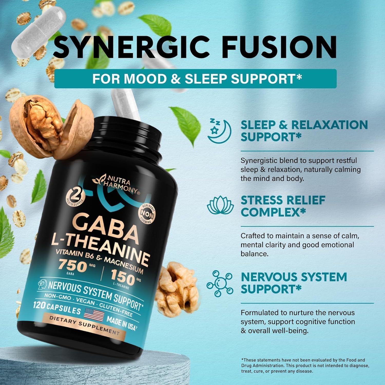 Urban Star GABA Supplements 900 mg | L-Theanine | Magnesium | Vitamin B6 - Natural Calm | Sleep | Relaxation | Stress Relief Support - 750 mg Gamma AminoButyric Acid - 120 Natural Vegan Capsules