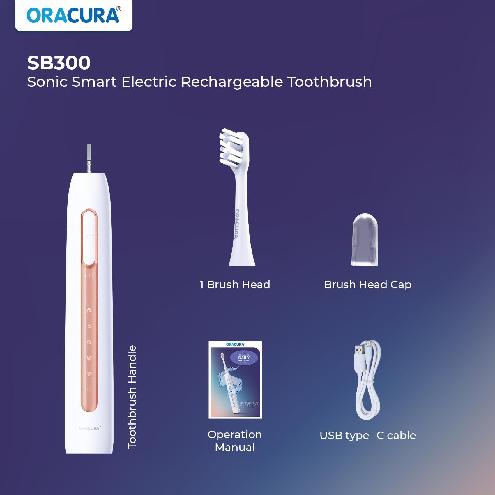 ORACURA ORACURA Sonic Smart Electric Rechargeable Toothbrush SB300| Peach |4 Vibrant Colors| 36,000 strokes/min| With 5 Modes & 3 Intensity Levels| IPX7 Waterproof| 2 Minutes Auto-Timer| 90 Days Battery Life