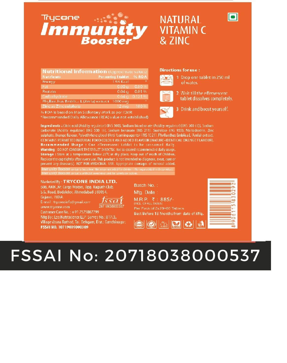 TRYCONE Trycone Immunity Booster for Adults with Natural Vitamin C from Amla Extract & Zinc Antioxidant Immunity Booster Skin care - 60 Effervescent Tablets Orange Flavour
