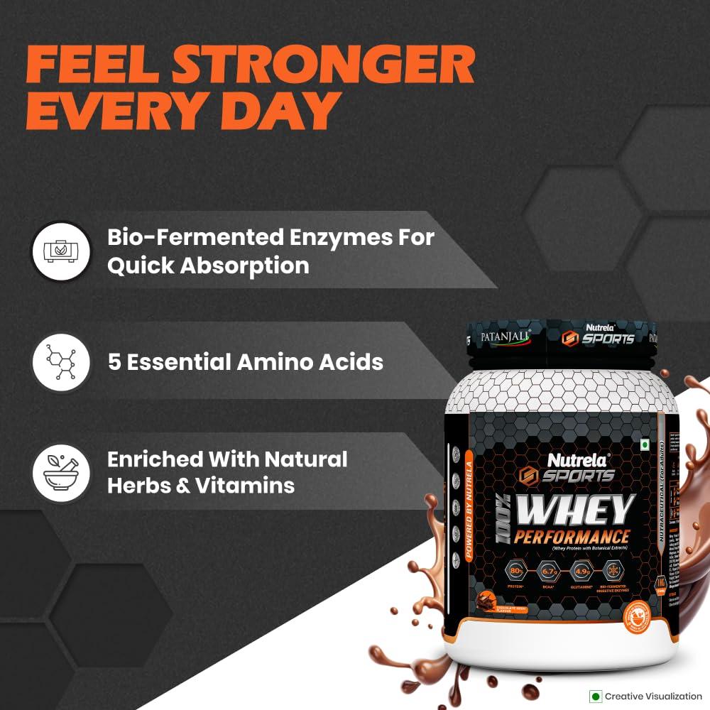 NUTRELA NUTRELA Sports Patanjali Premium 100% Whey Concentrate with Isolate Protein Powder | 80% Protein, 6.7g BCAA, 4.9g Glutamine | 1kg  Irish Chocolate Flavour