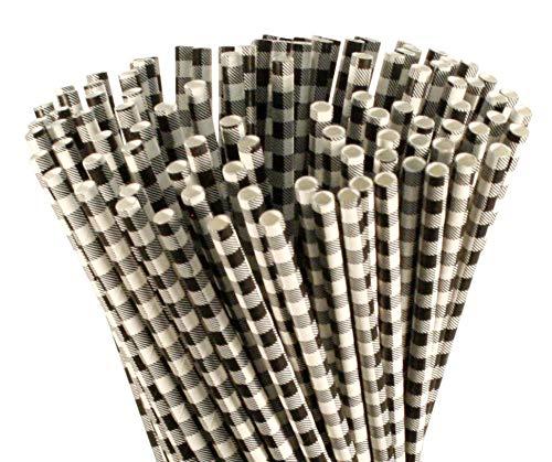 LHIUEM Buffalo Plaid Straws - Black and White Check - Lumberjack Party Supplies Farmhouse Decor Biodegradable - Plaid Paper Drinking Straw Flannel Buffalo Design Pack of 100 Farmhouse Christmas Birthday
