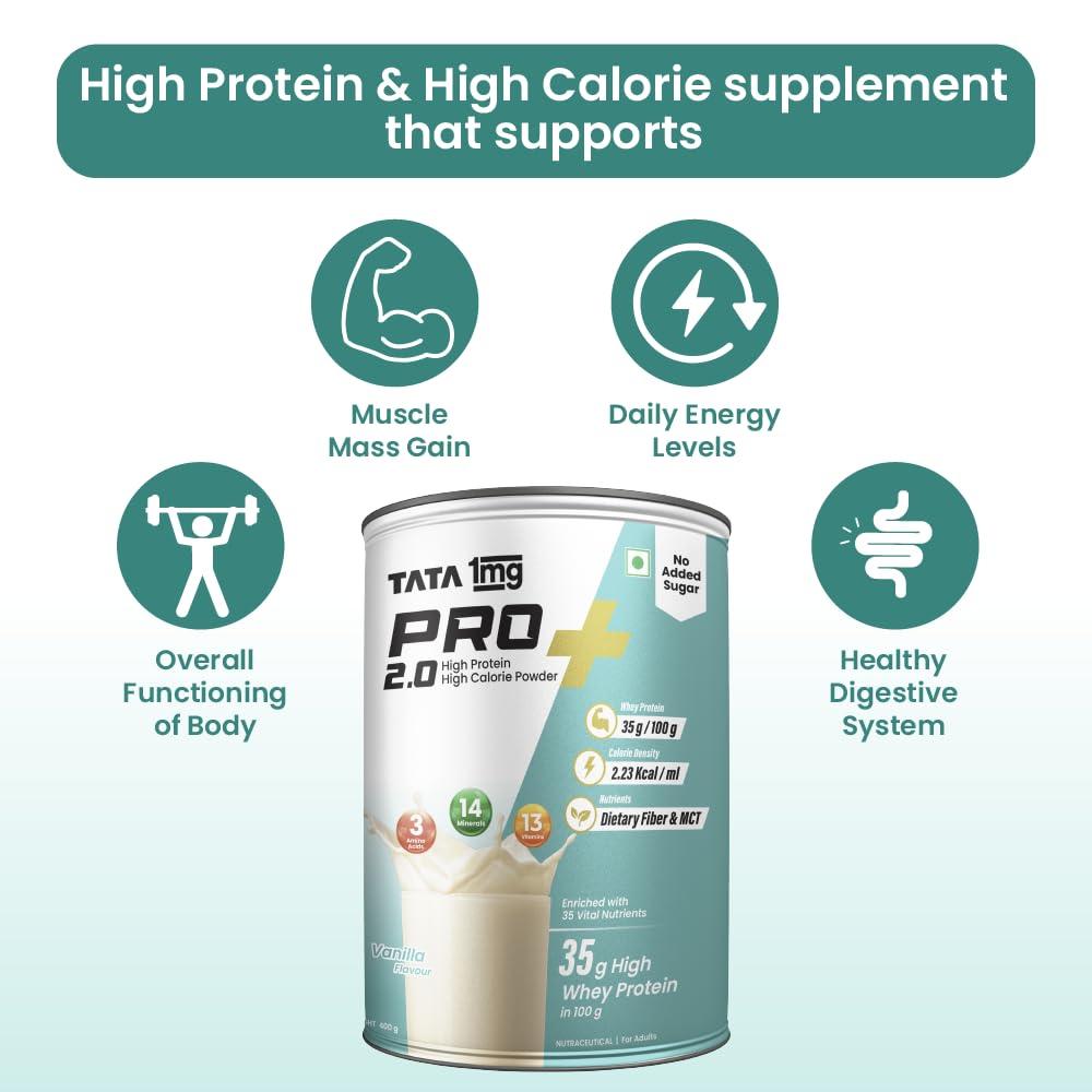 TATA 1MG Tata 1mg Pro+ 2.0 High Protein,High Calorie Whey Powder with MCT & Amino Acids for Energy, Muscle & Bone Strength,No Added Sugar,Vanilla Flavour,400gm