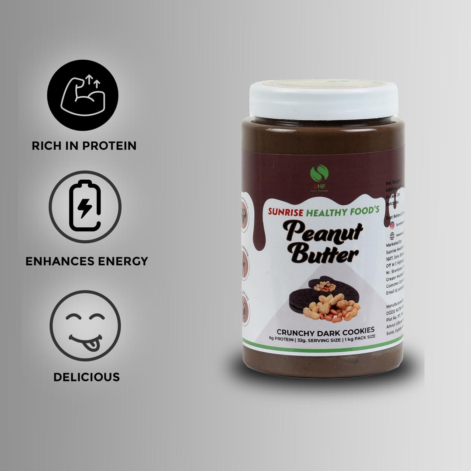 Sunrise Healthy Food Sunrise Healthy Food\'s High Protein Dark Chocolate Cookies Flavour Peanut Butter 1kg | 20g Protein | crunchy Peanut Butter | Tasty & Healthy Nut Butter Spread |Vegan| Cholesterol Free, Gluten Free| Zero Trans Fat
