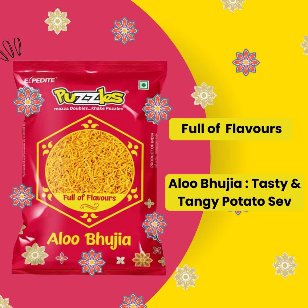 Puzzles PUZZLES Chatpata Namkeen Box, Aloo Bhujia + Party Mix, Special Namkeen Combo, India\'s Favourite Snack Made with All-Natural Ingredients, 170gm x Pack of 2