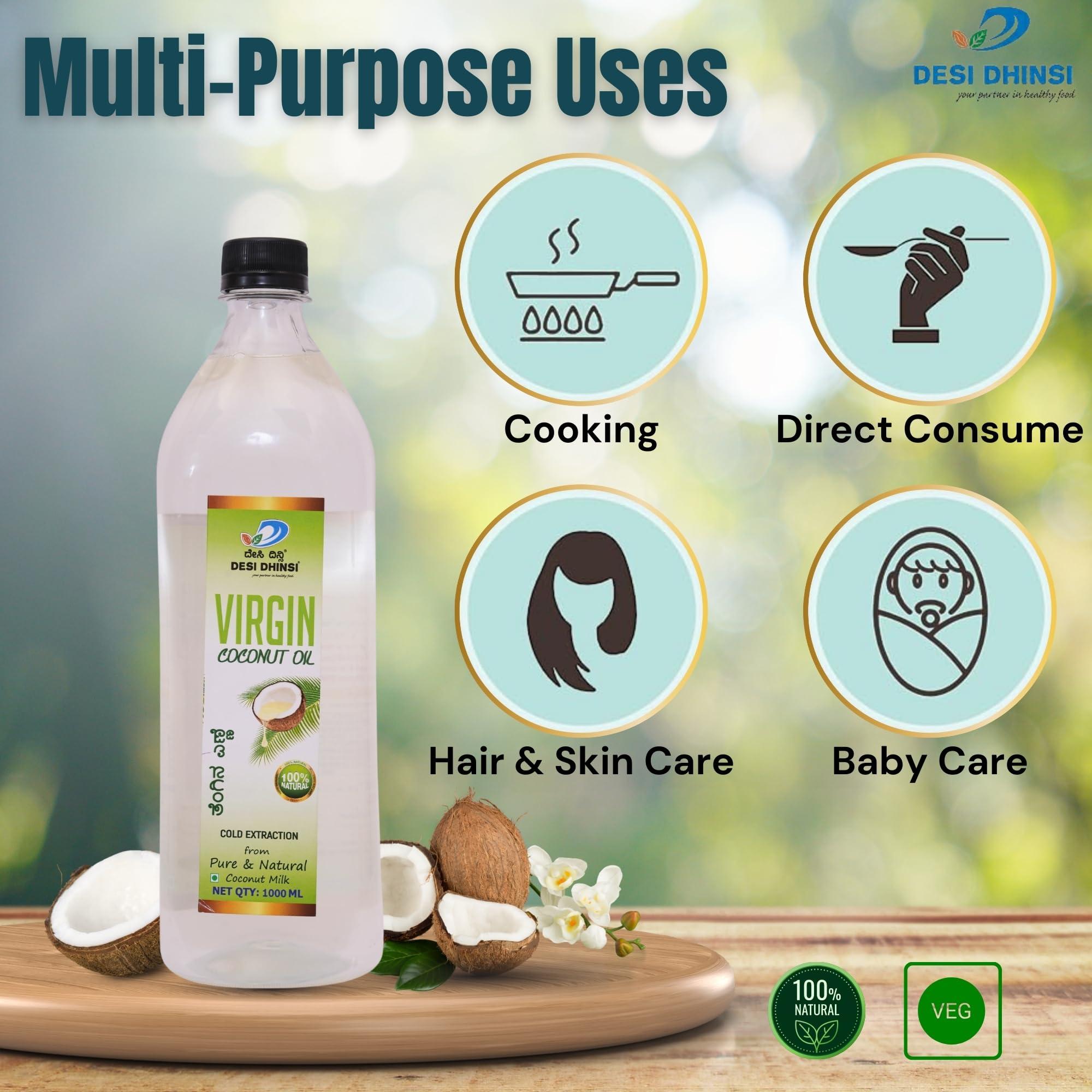 DESI DHINSI DESI DHINSI Pure Cold Pressed Virgin Coconut Oil For Cooking, Personal Care, Hair Care, Skin Care | Natural & Edible | 1L - Pack of 1