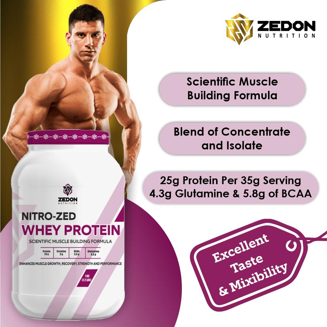 Zedon Nutrition Zedon Nutrition Nitro-Zed Whey Protein Powder, Whey Isolate & Concentrate 25g Protein, 5.8g BCAA | Muscle Gain, Strength, Recovery for Men & Women | Veg (Chocolate, 1 KG)