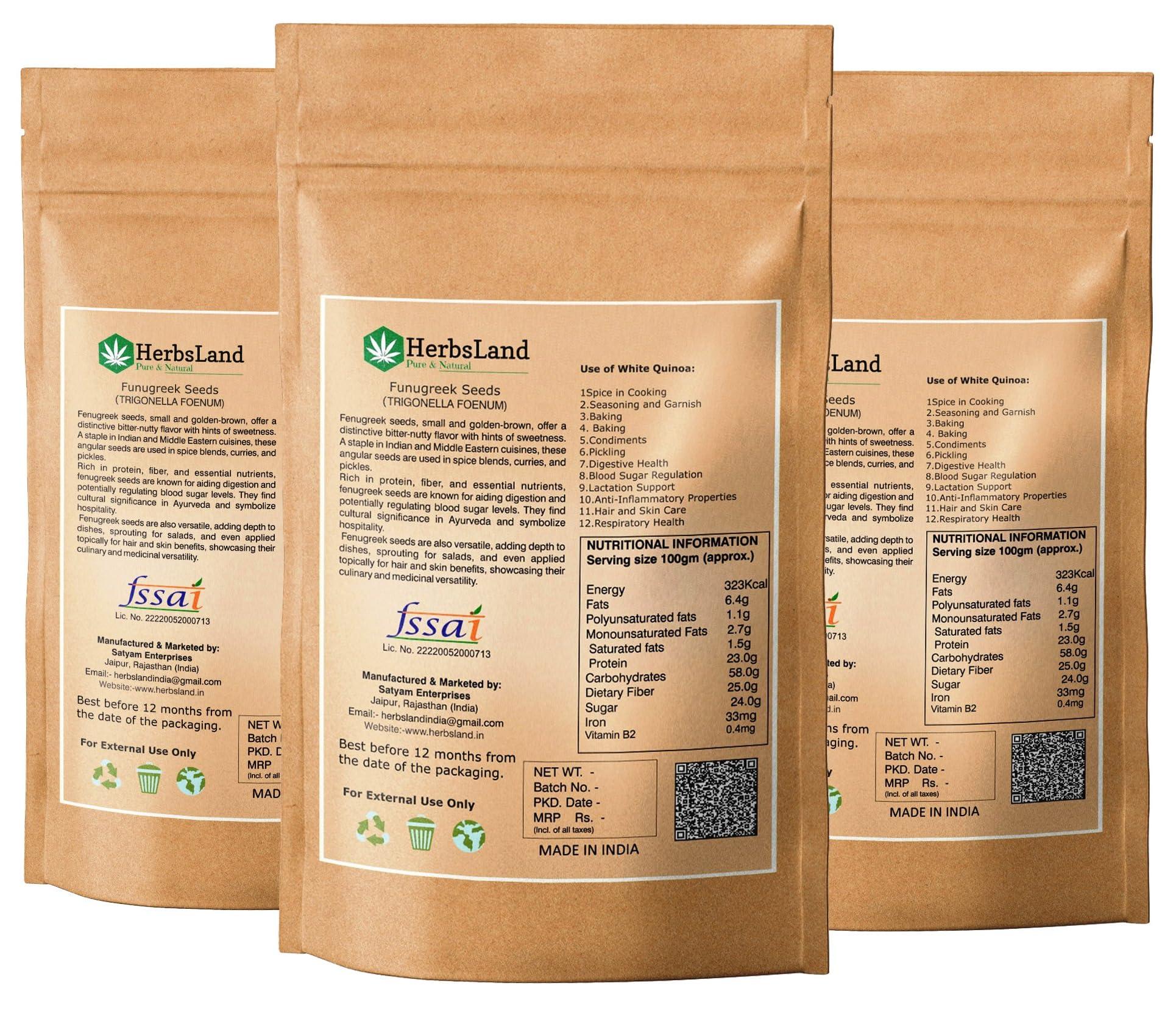 HerbsLand HerbsLand Fresh/Natural Dried Fenugreek Seeds | Trigonella Foenum-Graecum | Whole Methi Dana Seeds | Menthya,Venthayam,Menthulu | Indian Spices & Masala (Pack of 3) (200gm Each) (600 gm)