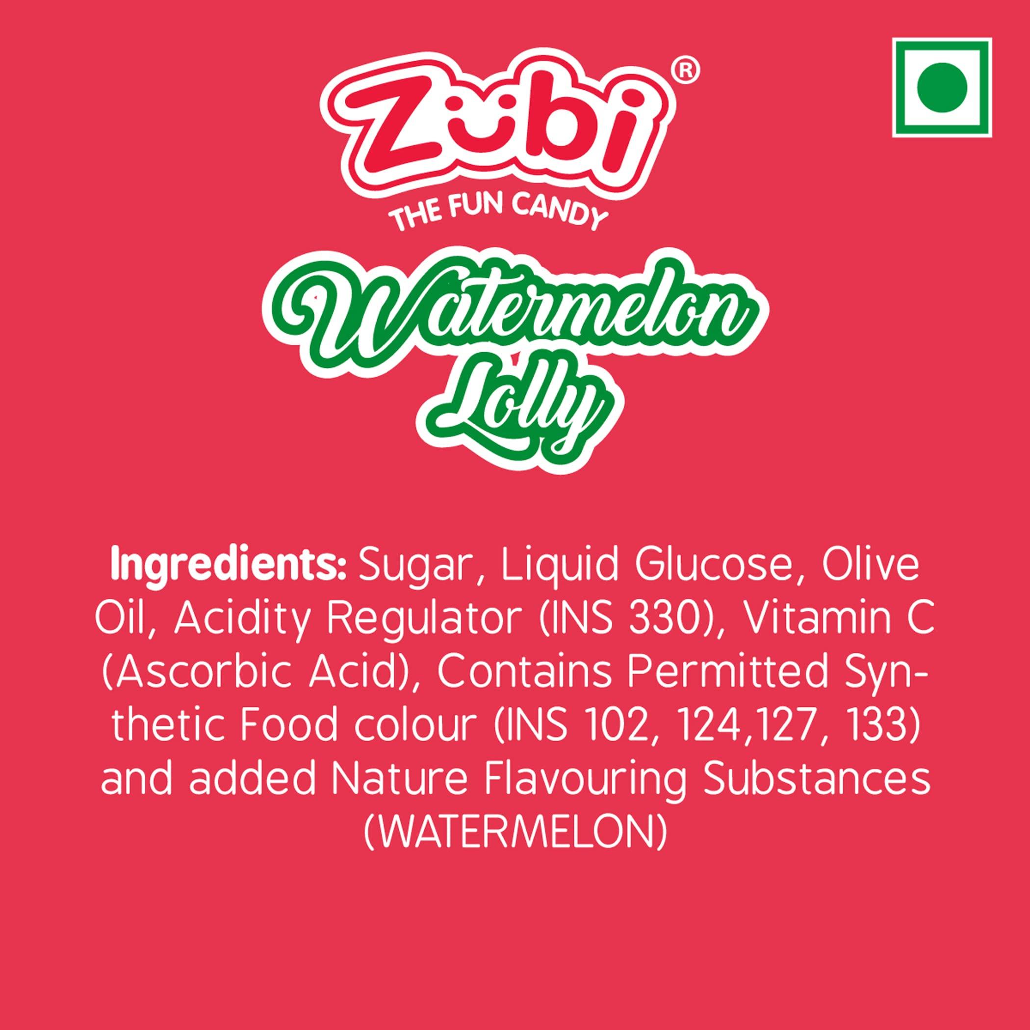 ZUBI THE FUN CANDY Zubi Candy Watermelon Lollipops | Sweet Watermelon Flavour | Enriched with Vitamin C | Gluten-Free | 80g | Pack of 12
