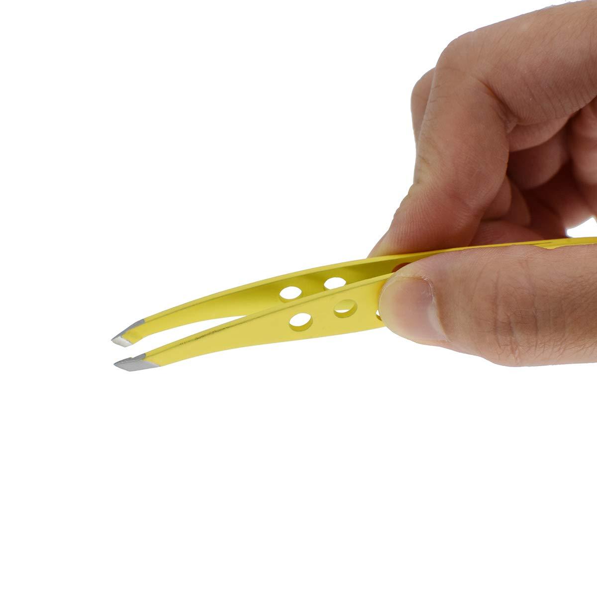 Haoweida Yellow Tweezers - Surgical Tweezers for Ingrown Hair - Professional Stainless Steel Slant Tip Tweezers - Best for Eyebrow Hair, Facial Hair Removal