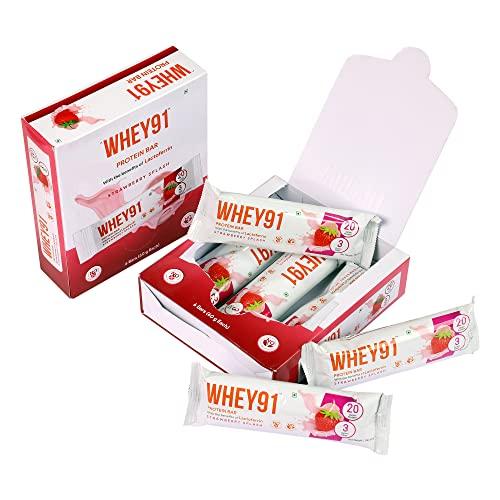 WHEY91 Whey91 Protein Bar | 20g Protein & 3g Fiber per Bar | Whey Protein |Immunity Booster Lactoferrin | No Artificial Flavours | Pack of 6 Bars- 360g (Strawberry Splash)