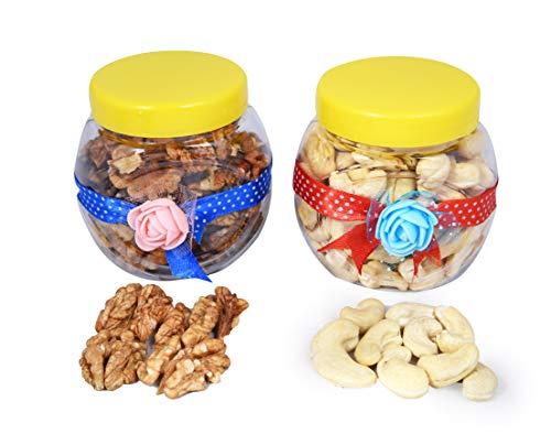 MANTOUSS MANTOUSS Diwali Dry Fruit Decorated Jar-Cashew and Walnut(100gms Each),200 GMS + 2 Gel Filled Glass Candle, Diwali Greeting Card and Rangoli Colours
