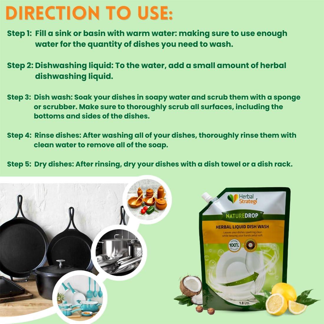 Herbal Strategi Herbal Strategi Dishwashing Liquid Gel - Natural & Vegan with Refreshing Lemon Oil | Soft on Hands | Certified Eco-Friendly & Non-Toxic | Baby and Pet Safe with 100% Herbal Actives | 1.8L Refill Pack