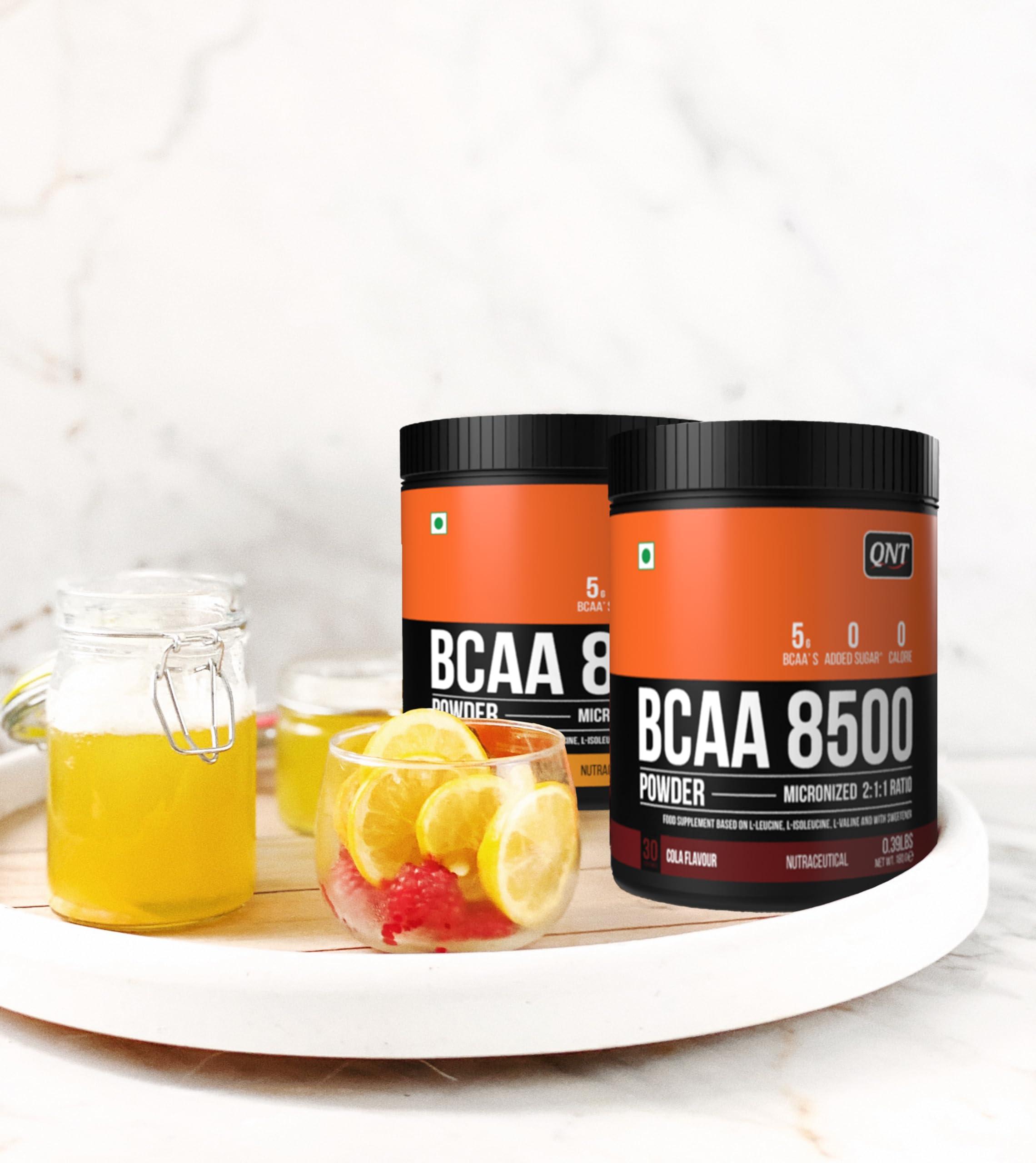 QNT QNT BCAA 8500 | 180g | 30 Servings | Cola Flavour | 2500mg L-Leucine, 1250mg L-Isoleucine, 1250mg L-Valine | Hydration & Muscle Recovery Supplement | Pre/Post Workout for Strength & Stamina