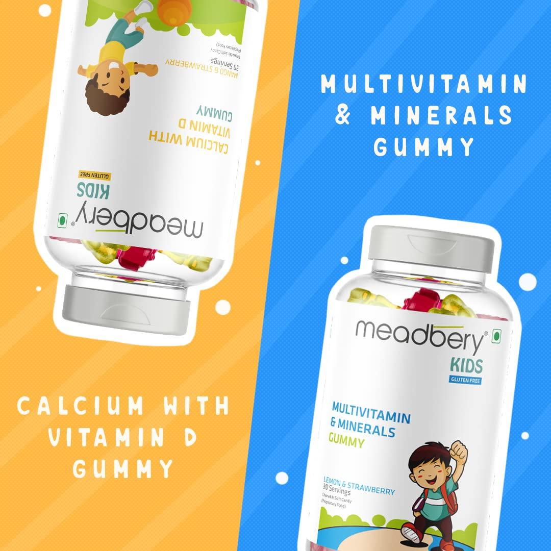 MEADBERY Meadbery Kids Multivitamin Calcium Combo Gummy Bears Glutenfree Formula With Minerals And Vitamins B C D E B12 B6 For Kids Bone Health Growth Kids Bone Teeth Health 30+30 Tasty Gummies