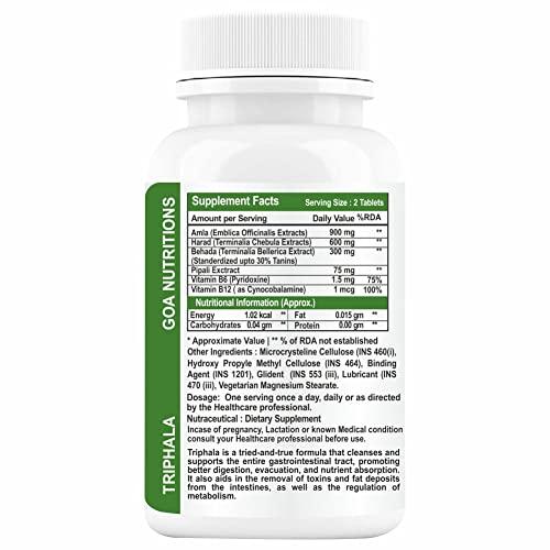GOA NUTRITIONS GOA NUTRITIONS Triphala Powder Tablets With Pipali, Vitamin B12 Supplements Stomach, and Colon Cleanser, Body Detox Gut Health, Constipation Relief, Digestion- 60 (Pack 1)