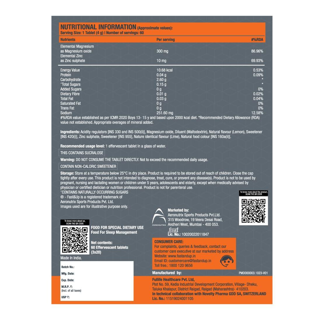 FAST&UP Fast&Up Magnesio - Restful Sleep Supplement - Magnesium & Zinc for Stress Management & Promoting Deep Sleep (60 Effervescent Tablets, Lime & Lemon Flavor)