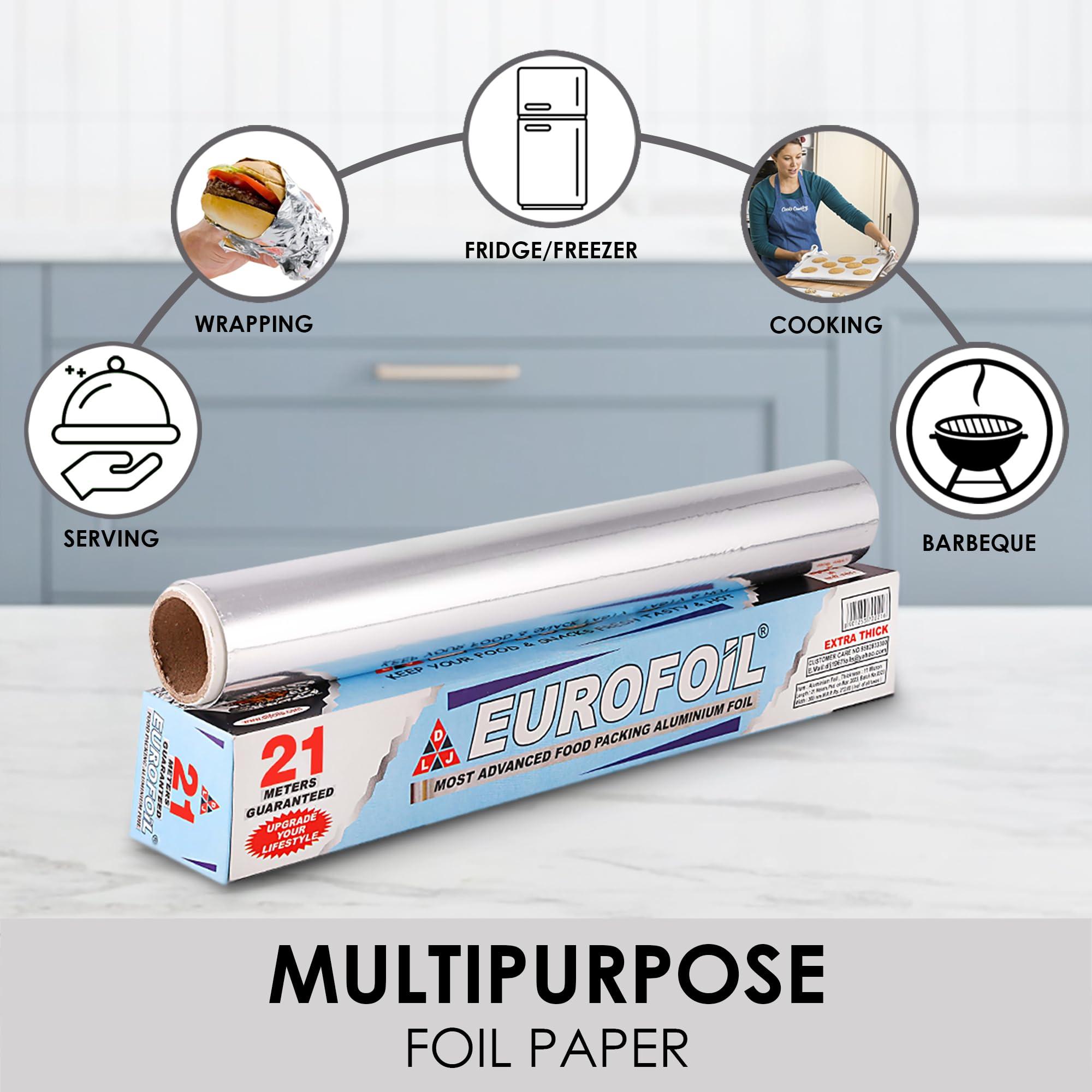 Eurofoil Eurofoil Food Wrap Aluminium Foil 21 Metre | Food Grade Strong & Durable Foil | for Packing, Wrapping, Cooking, Baking & Grilling | Non-Stick Multipurpose Parchment Paper | Keeps Food Fresh