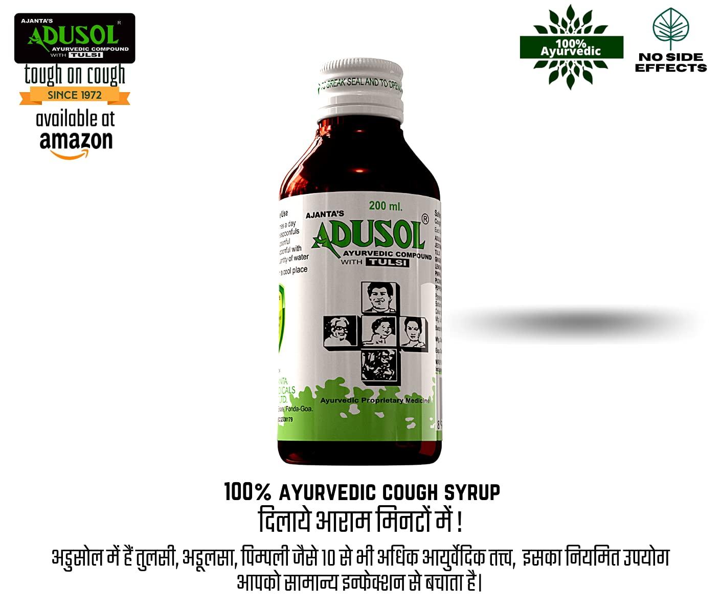ADUSOL Ajanta\'s Adusol Ayurvedic Adulsa Cough Syrup Prevent Cold Wet Dry Cough Good For kids & Adults, 200 ml