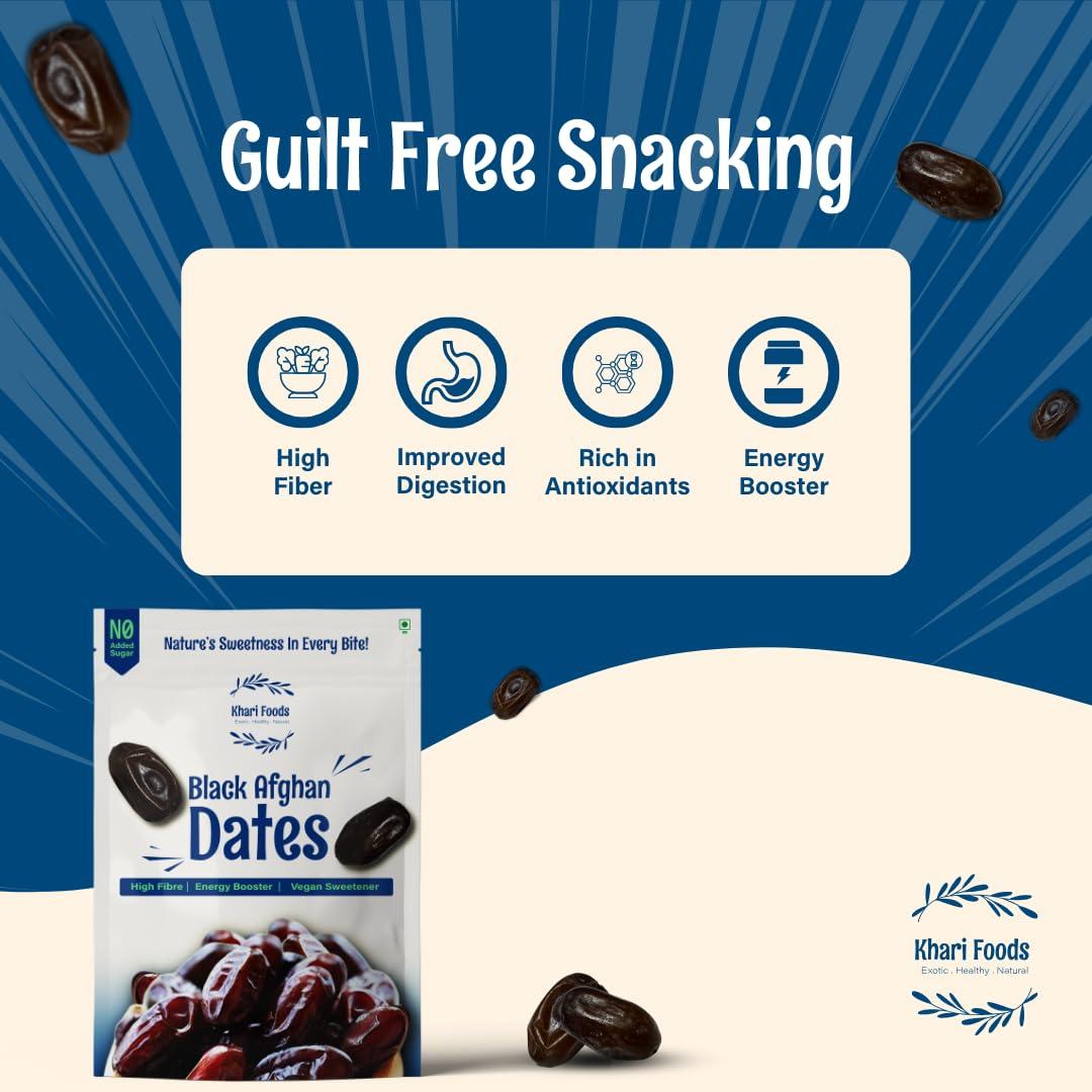 Khari Foods Khari Foods Premium Black Afghan Dates, High Fibre, Soft Dry Fruit Khajur/khajoor, Energy Health Snacks (200g)