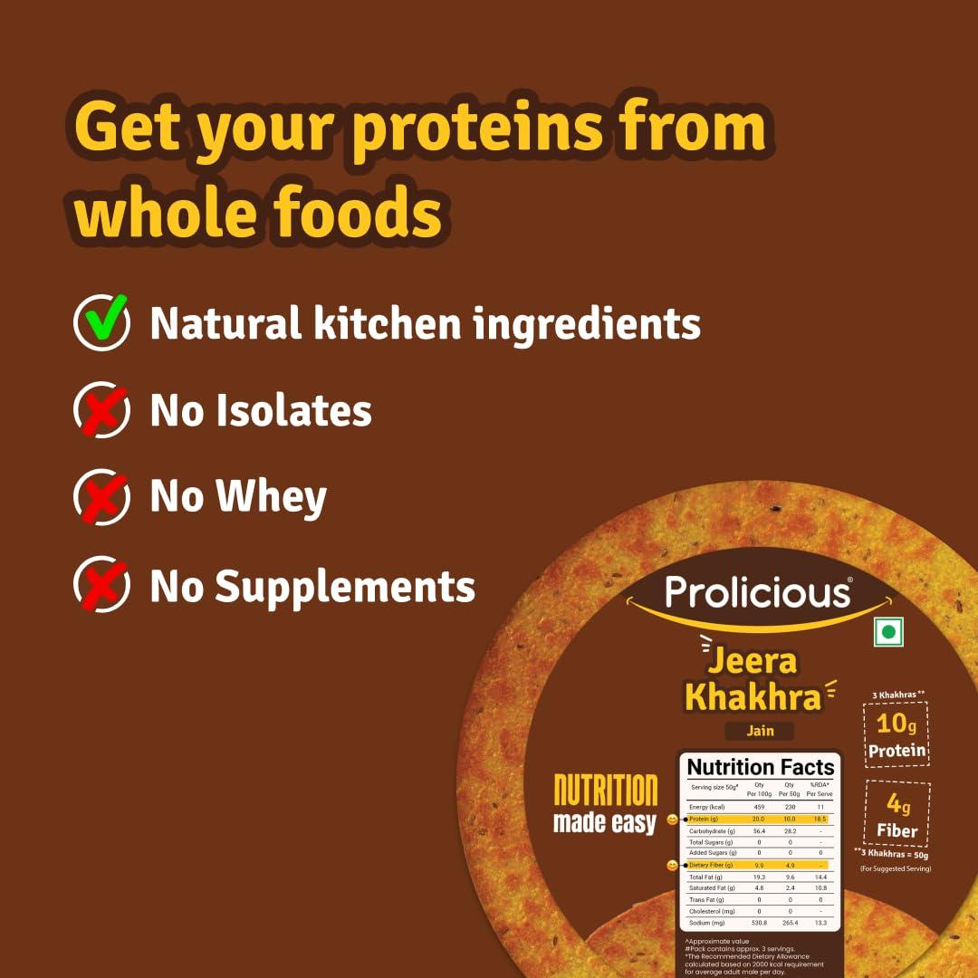 Prolicious Prolicious 2X Protein Jeera Khakra | NO Palm Oil | Crispy | Ready to Eat | Flavourful | High Protein Healthy Anytime Snack (Pack of 4, 170 Grams each)