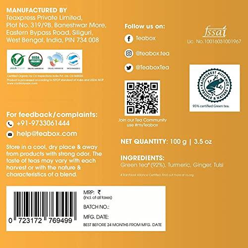 Teabox Teabox Organic Turmeric Ginger Tulsi Green Tea 100 grams | For Immunity Boosting, Digestion and Sore Throat | 100% Whole Leaf Tea, 0% Bitterness