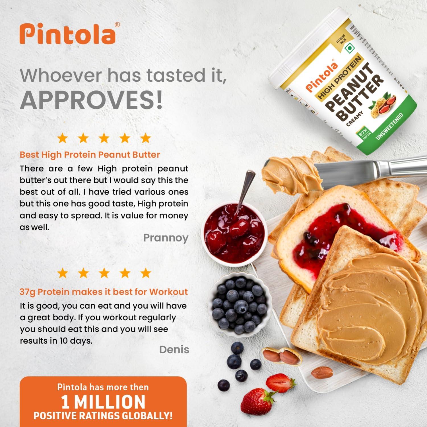 Pintola Pintola High Protein All Natural Peanut Butter | Unsweetened | 37% Protein | Imported Whey Protein and Roasted Peanuts (Creamy, 1kg)