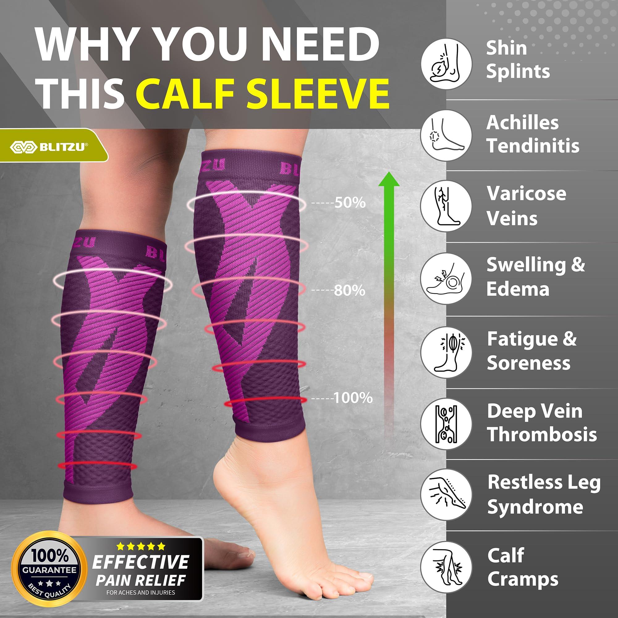 BLITZU BLITZU Calf Compression Sleeve One Pair Leg Performance Support for Shin Splint & Calf Pain Relief. Men Women Runners Guards Sleeves for Running. Improves Circulation and Recovery Purple S/M