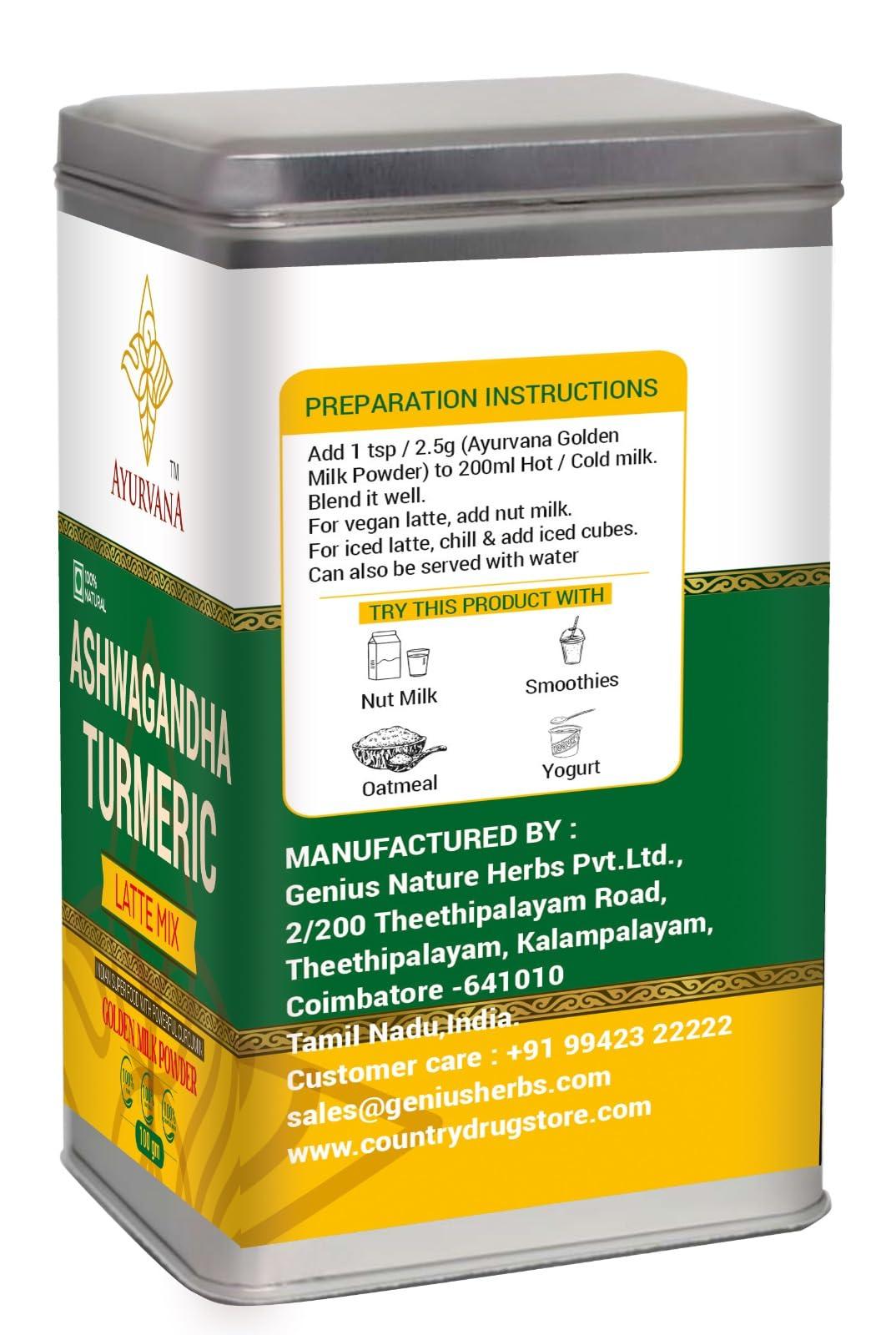 AYURVANA AYURVANA Ashwagandha Turmeric Latte Mix | Golden Milk Powder with Curcumin | Zero Artificial Sugar | 100g | Pack of 1