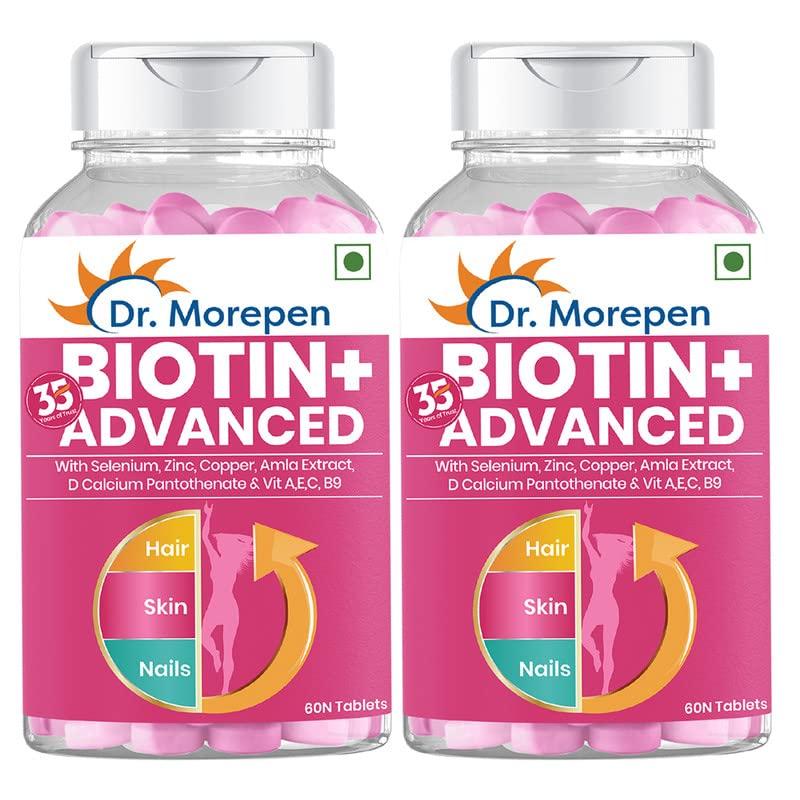 Dr. Morepen Dr.Morepen Biotin+ Tabs | With Multivitamins, Amino Acids, Natural Extract of Amla, Turmeric & Green Tea, Bhringraj & Brahmi | 60 Tablets Pack of 2