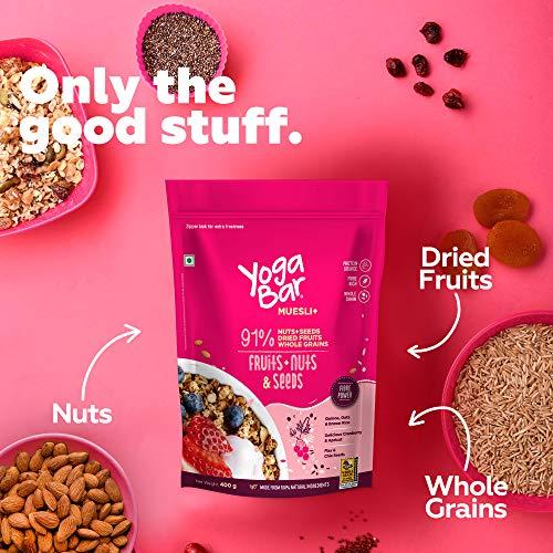 Yogabar Yogabar Muesli Fruit and Nuts - Wholegrain Breakfast Cereals with Oats and Dry Fruits, High in Omega 3, Gluten Free Vegan Granola with Chia and Flax Seeds (400g - Pack of 2)