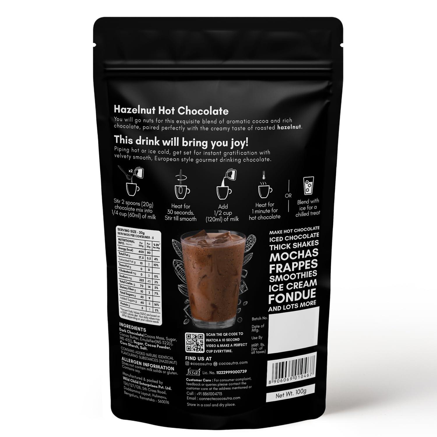 COCOSUTRA COCOSUTRA Hazelnut Hot Chocolate Mix | Enjoy hot or cold | 100 g | 100% Natural & Vegan Drinking Chocolate | Serves 4 Cups