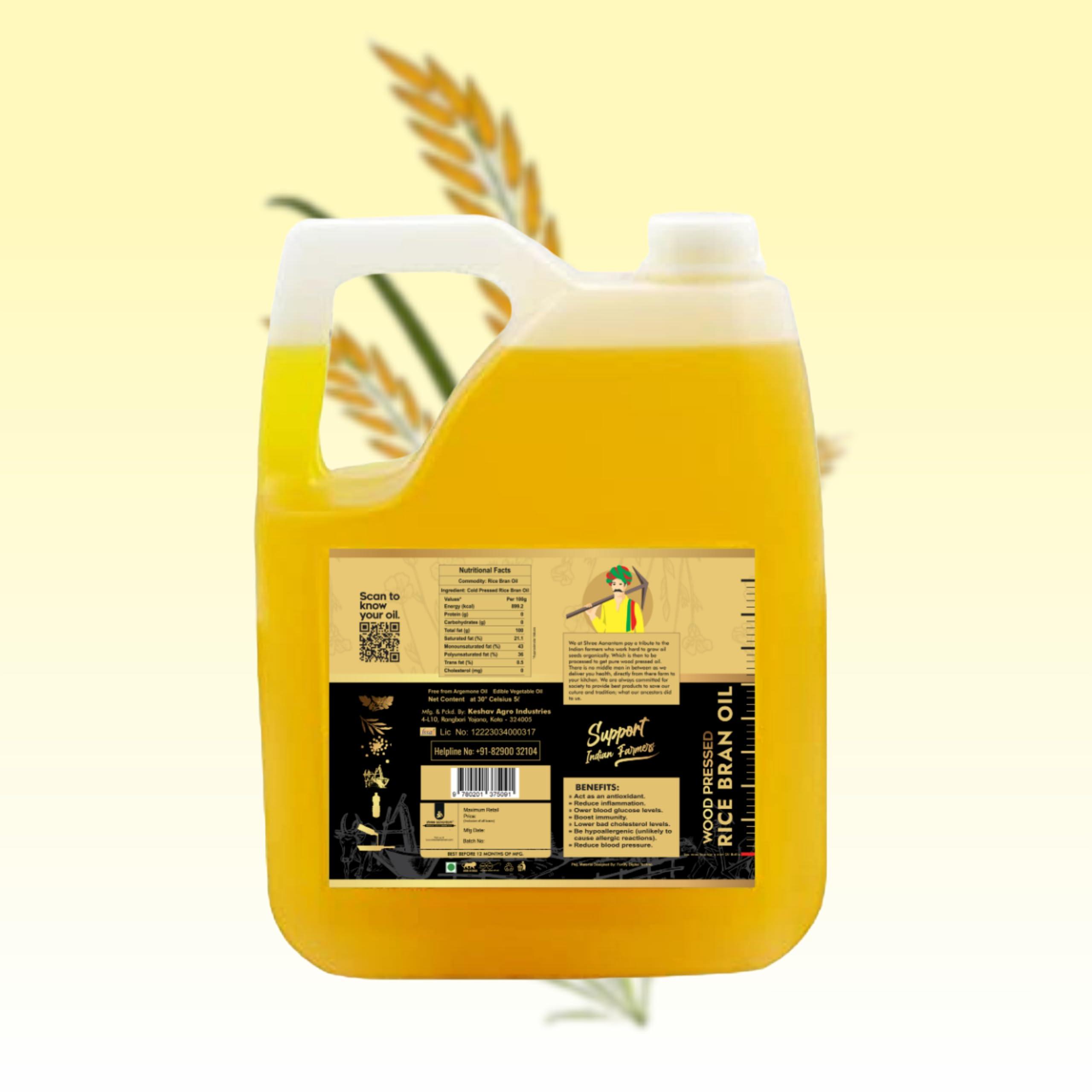 Shree Aanantam Shree Aanantam Cold Pressed Rice Bran Oil - 5 Litre | Bottle | Kolhu/Kacchi Ghani/Chekku | 100% Pure & Natural | Chemical-Free | Wood Pressed Rice Bran Oil for Cooking - 5L (Pack of 1)