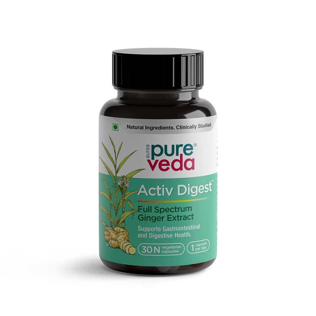 AUREA PUREVEDA Pureveda Activ Digest - Full Spectrum Ginger Extract Capsule - Natural Digestion Supplement - Improve Gastrointestinal Health - 30 Veg Capsules