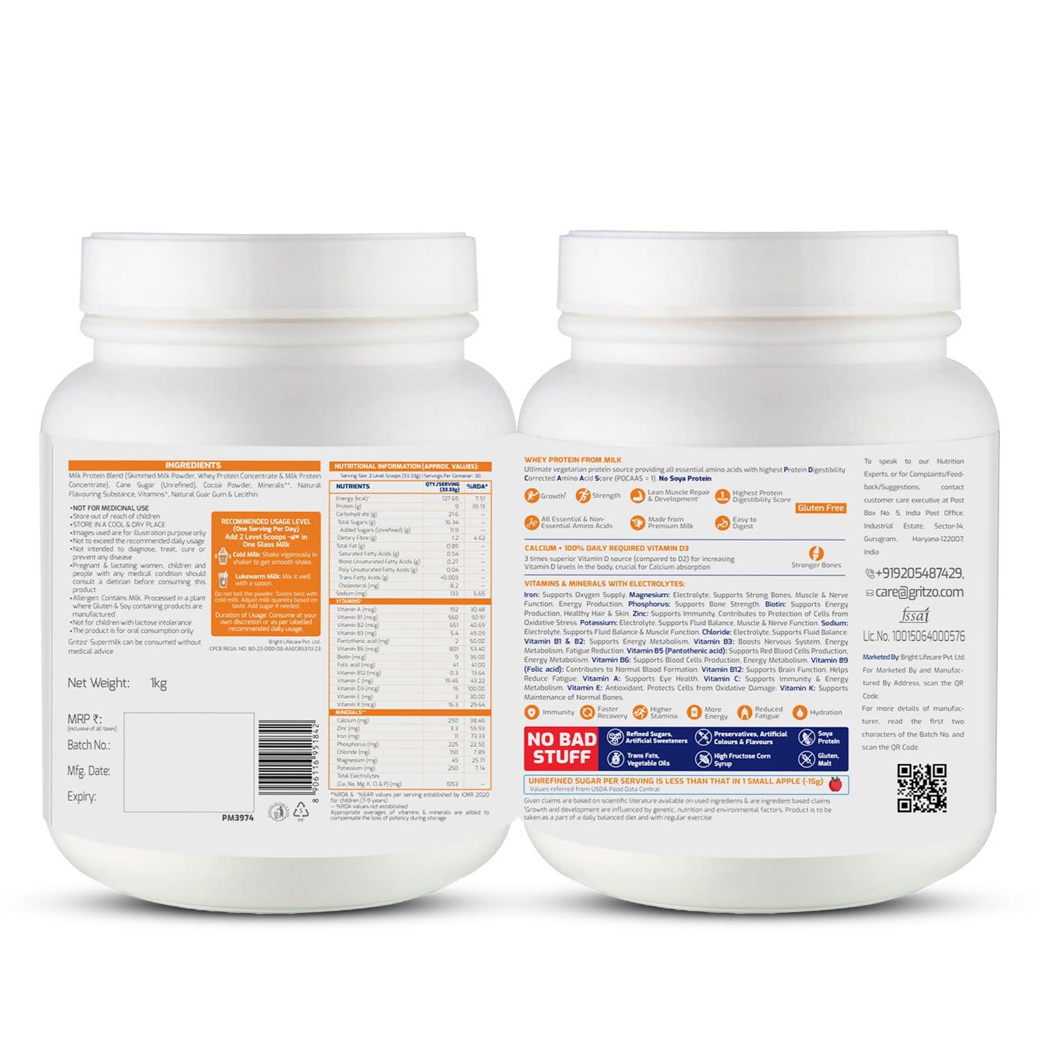 Gritzo Gritzo SuperMilk Daily Nutrition, (7-12y Young Athlete) Powder with Super Gummies (Double Chocolate, 1kg & Strawberry, 30 Gummies) (Combo Pack)