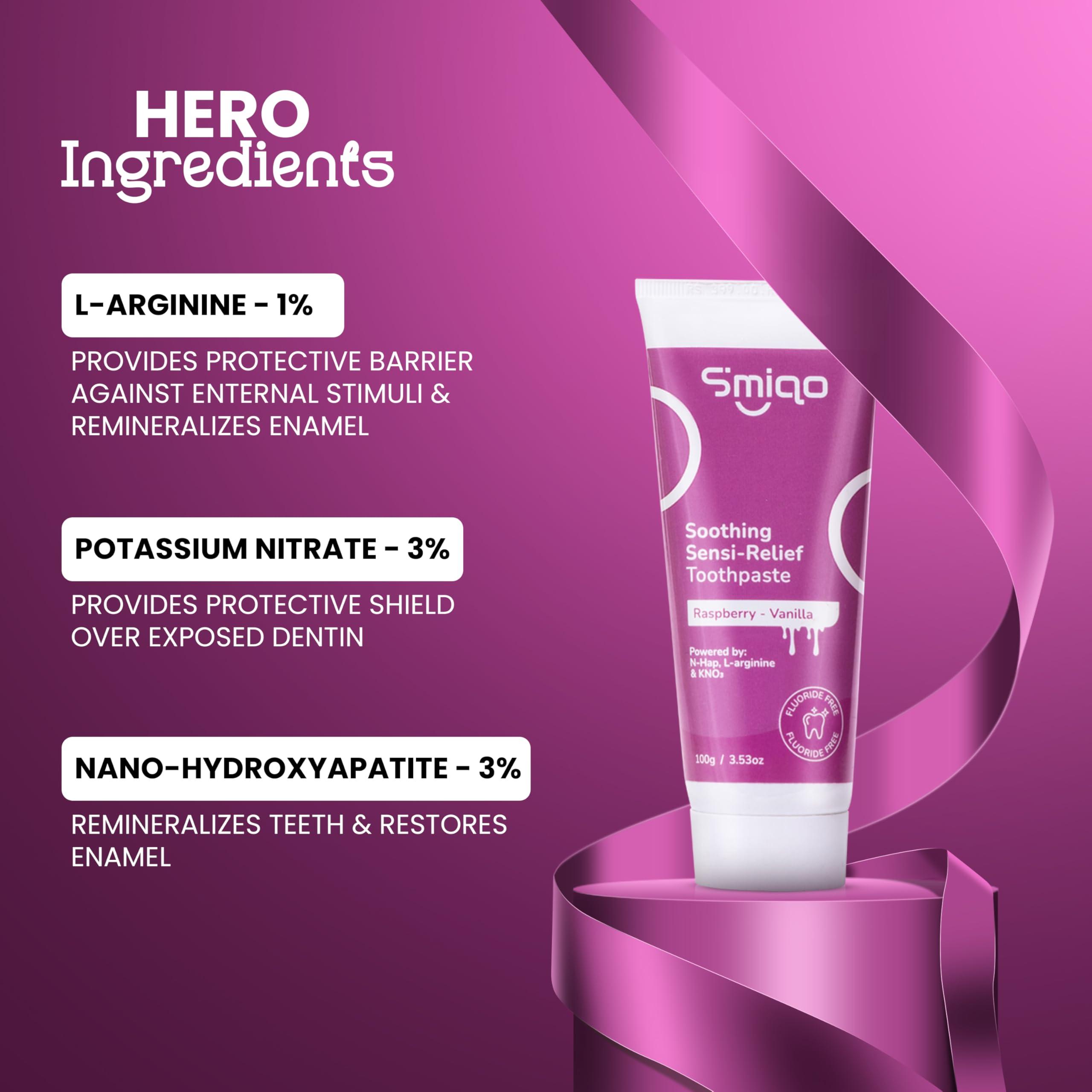Smiqo Smiqo Sensi Relief Toothpaste - 100g | Instant Sensitivity Relief | Raspberry-Vanilla Delight | Advanced Formula with N-Hap, L-Arginine, and Potassium Nitrate | Fights Plaque & Cavities | Freshens Breath | SLS-Free | No Harsh Chemicals