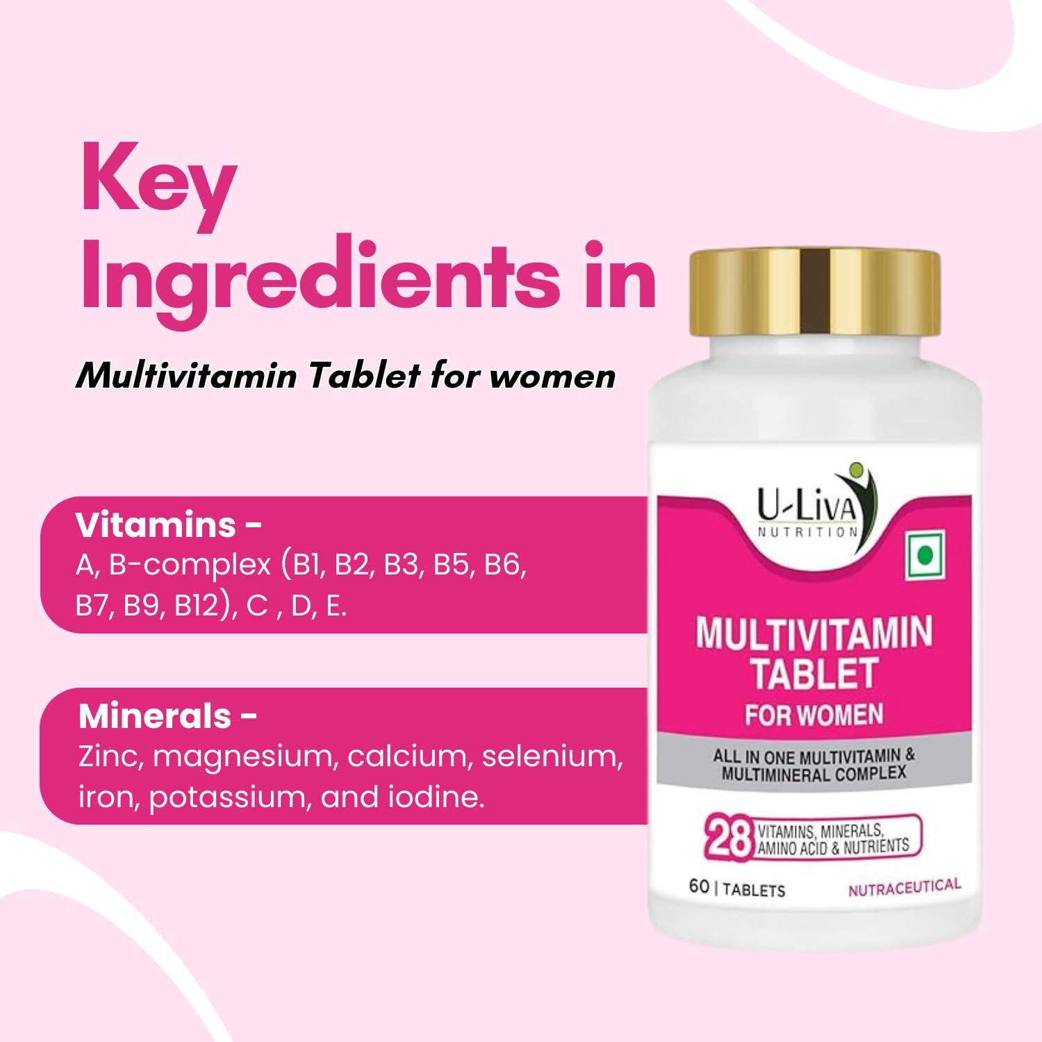 U-LIVA NUTRITION U-LIVA NUTRITION Multivitamin Tablet for Women with Biotin, Calcium for Energize and Glow 28 Vitaminerals | Multi vitamin for Women with Nutrients, Vitamin D3, B12, C, Zinc | 60 tablets