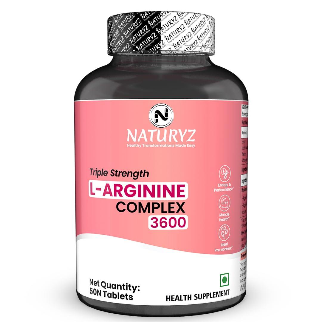 Naturyz NATURYZ Triple Strength 3600mg L-Arginine Complex | Bioactive form Arginine AKG & HCL for better absorption | Improves Pump & Performance | Ideal Pre-workout Supplement - 50 Tablets